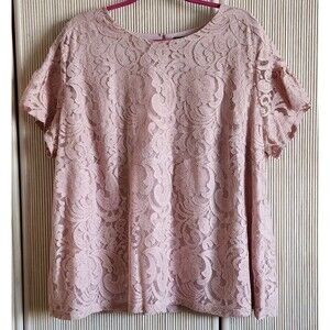 Liz Claiborne Career Woman Blouse 2X Beige Pink Floral Lace Short Sleeve Lined